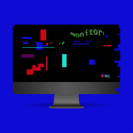 Gray realistic monitor on a blue background. Letters of the glitch effect. Old retro screen.