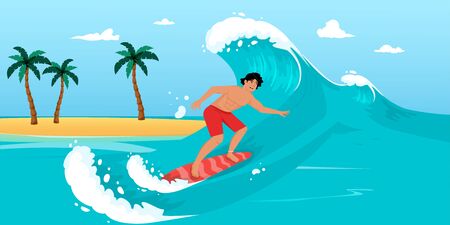 Naked guy on a surfboard rides on a wave vector illustrationのイラスト素材