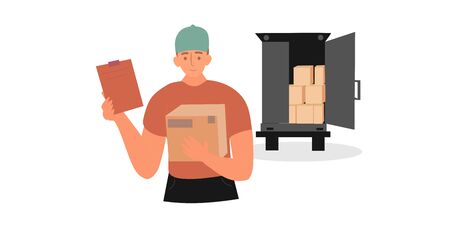 Delivery courier man holding package with delivery truck on background Vector Illustrationsのイラスト素材
