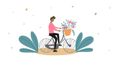 Cute happy young woman in stylish clothes riding bicycle with flower bouquet in front basket. Vector illustrationのイラスト素材
