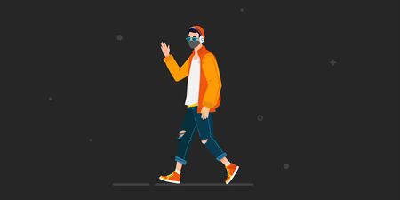 Cool hipster man in protection mask on modern black background. Guy is walking on the streetのイラスト素材