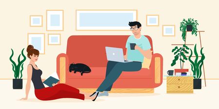 Man and woman with laptop are sitting on the sofa. Freelance or studying concept. Girl and guy are working from homeのイラスト素材