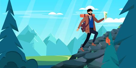 Man with backpack, traveller or explorer walking up of mountain or cliff. Concept of adventure tourism and travel with beautiful view vectorのイラスト素材