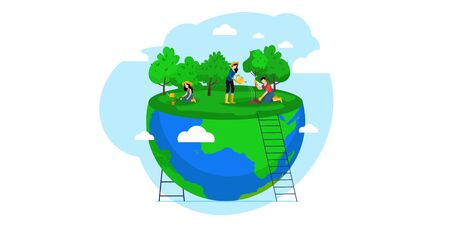 People of World Water Plant for Ecology Celebration Preparation. Ecology word concept. Eco friendly and sustainable lifestyle, environment protection and nature saving activitiesのイラスト素材