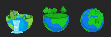 Set of the earth on a black background. Planet with trees and sea
