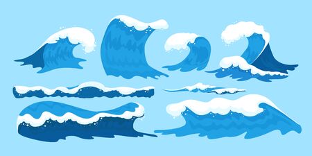 Sea waves collection. Set of blue ocean waves with white foam in cartoon style. Isolated water splash vector illustrationのイラスト素材