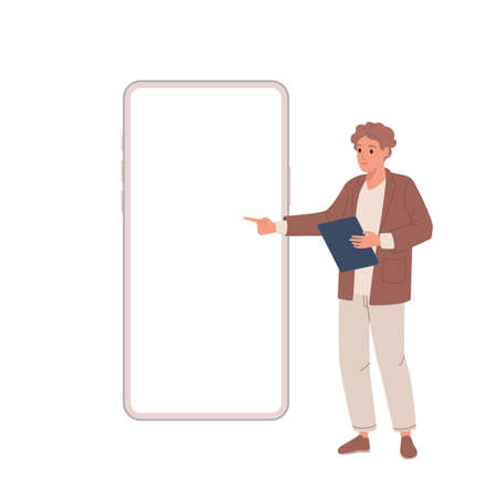 Digital marketing. Young guy makes presentation shows on smartphoneのイラスト素材