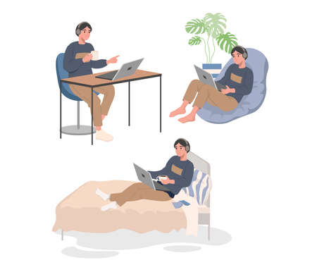 Young guy works from home. Works with laptop on the bed, armchair and at the table. Online education from home. Vector illustrationのイラスト素材