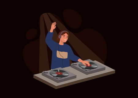 Young girl DJ isolated on dark background. Female playing music records on audio mixers or...