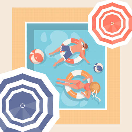 Young people relaxing in swimming pool. Summer hot day Vector illustration