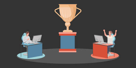 Cybersport players battle with two gamers playing electronic game online competing for golden prize....