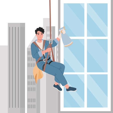 Professional worker cleaning windows. Skyscraper cleaning service. Cartoon vector illustrationのイラスト素材