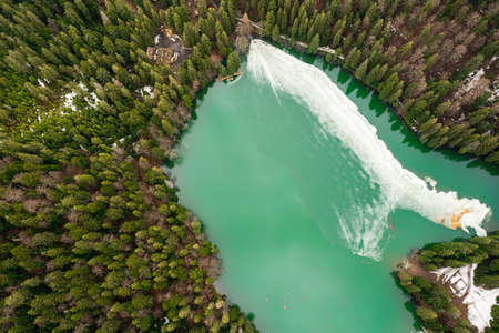 Aerial view of Synevyr lake, in the Carpathians in Ukraine. Wonderful nature landscape