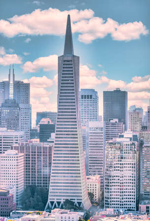 Beautiful aerial view from the Coit Tower to downtown San Francisco, magnificent skyscrapers, of the famous American city. Photo edited in pastel colors.の写真素材