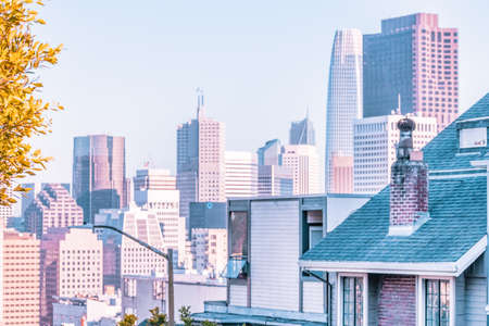 San Francisco, California, USA - October 16, 2021, descending row of stately homes on a hill, a...