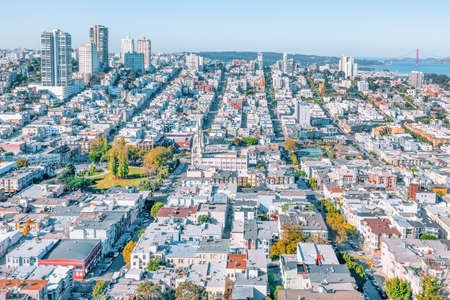 Beautiful bird's eye view of the city and San Francisco Bay from the Coit Tower, Photo processed, in pastel colorsの写真素材