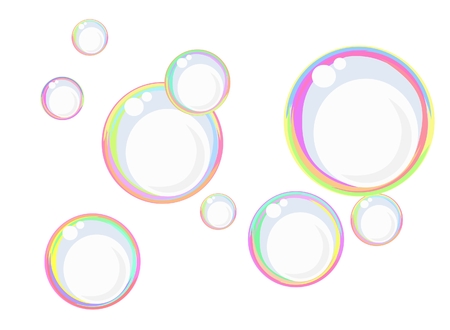 Floating colorful soap bubbles against the white, can also be used as a backgroundのイラスト素材