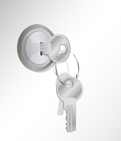 a vector illustration of a metal key in a lock with another key on the key-ringのイラスト素材