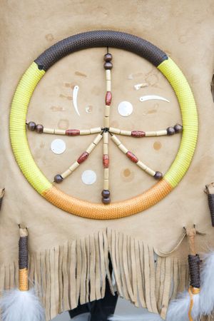 north indian dreamcatcher on a leather backgroundの写真素材