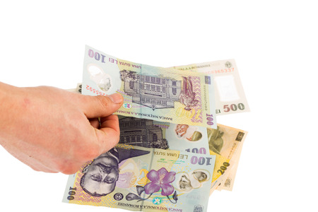 Man counting romanian money - ronの写真素材