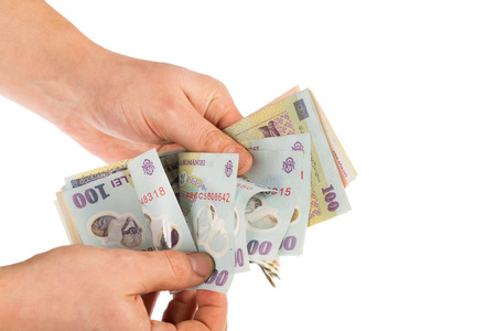 Man hands counting romanian money leiの写真素材