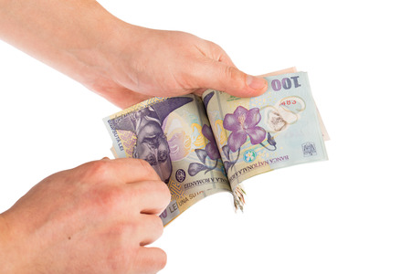 Man hands counting romanian money leiの写真素材