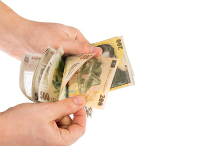 Man hands counting romanian money leiの写真素材