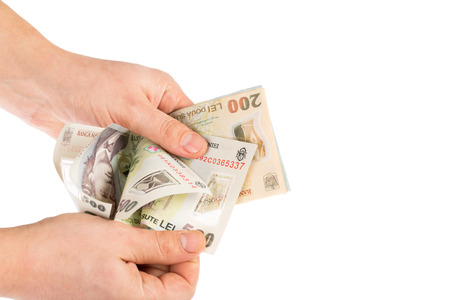 Man hands counting romanian money leiの写真素材