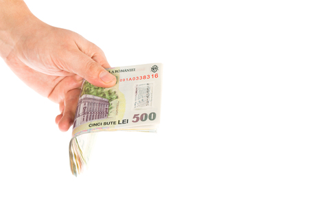 Man hand holding romanian money stackの写真素材
