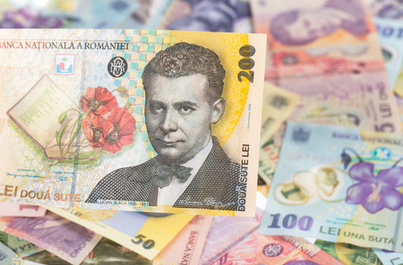 200 lei banknote on romanian money backgroundの写真素材