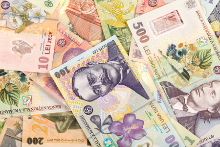 Lots of romanian money banknotes backgroundの写真素材