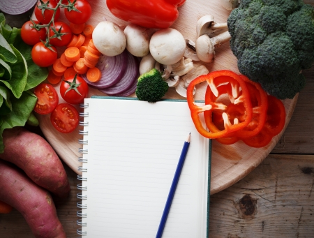 shopping list on table, with a bunch of vegetablesの写真素材