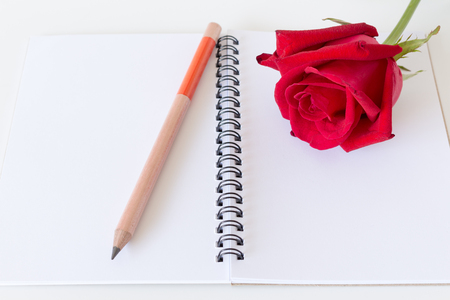 notebook ,pencil and red rose on white background.の写真素材