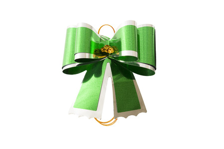 Green ribbon bow isolated on white background. Holidays decoration.の写真素材