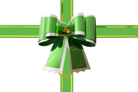 Green ribbon bow isolated on white background. Holidays decoration.の写真素材