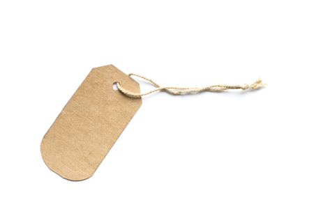 Blank brown cardboard price tag or label with thread isolated on white background.の写真素材