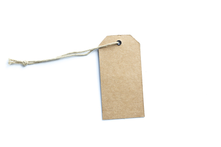 Blank brown cardboard price tag or label with thread isolated on white background.の写真素材