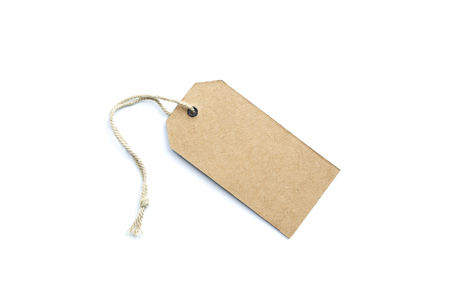 Blank price tag or label with thread isolated on white background.の写真素材