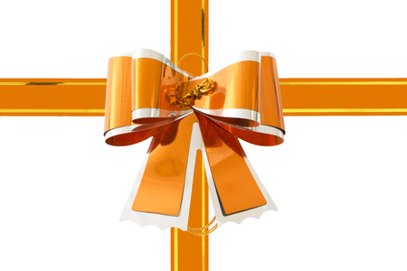 Orange bow on a white background. Christmas or happy new year Decorations  background. Holidays decoration.の写真素材