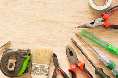 Happy Labor Day.Tools hardware blank space with wood boardの写真素材