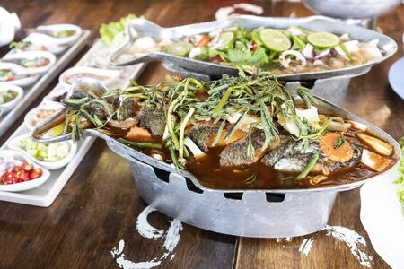 Food in a Thai restaurant Made from meat and vegetables on a trayの写真素材