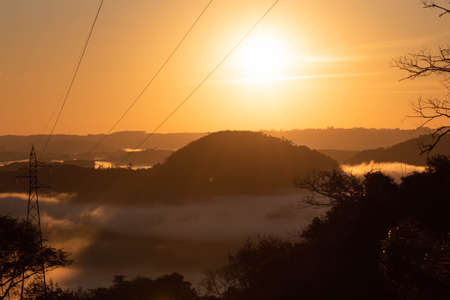 Sunrise in the region of Jaguari River Valley, Jaguari City, RS, Brazil. Jaguari is a word of Tupi-Guarani origin and means river of the Jaguar. Tourism in the central region of the state of RSの写真素材