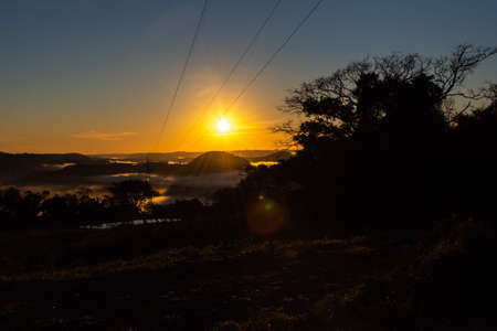 Sunrise in the region of Jaguari River Valley, Jaguari City, RS, Brazil. Jaguari is a word of Tupi-Guarani origin and means river of the Jaguar. Tourism in the central region of the state of RSの写真素材