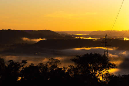 Sunrise in the region of Jaguari River Valley, Jaguari City, RS, Brazil. Jaguari is a word of Tupi-Guarani origin and means river of the Jaguar. Tourism in the central region of the state of RSの写真素材