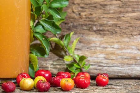 Natural juice of acerola (Malpighia emarginata). Tropical fruit. Drink based on aceroleira fruits. Glass. Refreshing drink. Fruits and drinks from Brazil.の写真素材