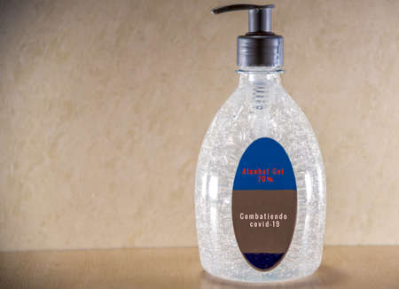 Bottle of 70% alcohol gel. Cobnate the Covid-19 pandemic. Sanitizing product for personal use. Epidemiology control. Cleanliness and conservation. Chemical product. Preventive medicine. Pandemic.の写真素材