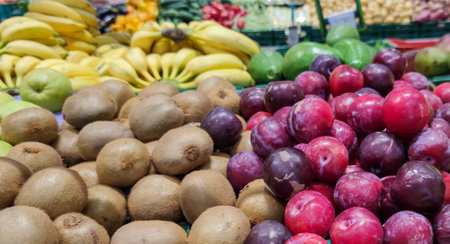 Fruits and vegetables for sale at the local market in India.の写真素材