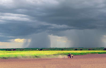 Brazilian rural landscape. Rice planting area (Oryza ssp.). Soil in preparation for the sowing of the summer period. Agriculture and agribusiness. Agricultural production farm.の写真素材