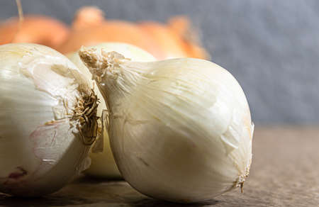 Bulbs of onions (Allium cepa). Condiments for seasoning. Culinary ingredient. Source of flavonoids and minerals, iron, potassium, sodium, phosphorus and calcium, vitamins C and B complex.の写真素材