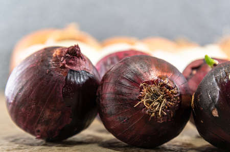 Bulbs of onions (Allium cepa). Condiments for seasoning. Culinary ingredient. Source of flavonoids and minerals, iron, potassium, sodium, phosphorus and calcium, vitamins C and B complex.の写真素材